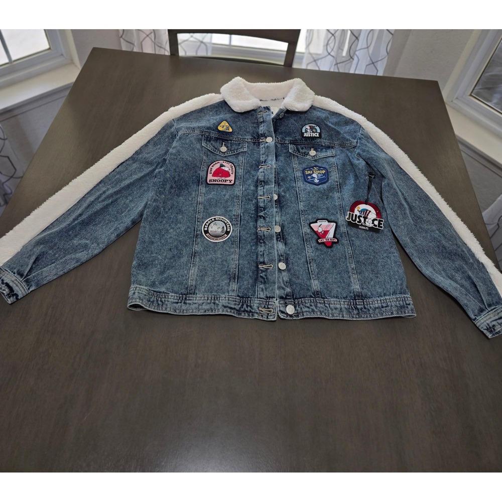 Justice Peanuts Snoopy Denim Jacket Faux Shearling Acid Wash Patches Blue XLPlus